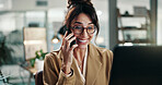 Happy woman, surprise and phone call with good news in office for business success or promotion. Excited, female person or smile with mobile smartphone on computer for winning, celebration or bonus