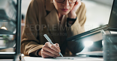 Buy stock photo Investor, hands and woman in office, documents for investment audit and writing for revenue. Mature person, pen and financial advisor in workplace, report for profit growth and trading portfolio