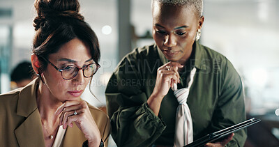 Buy stock photo Thinking, teamwork and laptop with business people in office for idea, planning and target audience research. Collaboration, advice and project with employees in creative agency for vision together