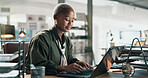 Laptop, typing and research with business black woman in office for planning, email marketing and journalist. Newsletter subscription, online editor and columnist with person in creative agency