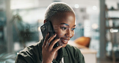 Buy stock photo Happy, black woman and discussion with phone call in office for online advice or communication. Female person, consultant or agent talking with smile on mobile smartphone for business conversation