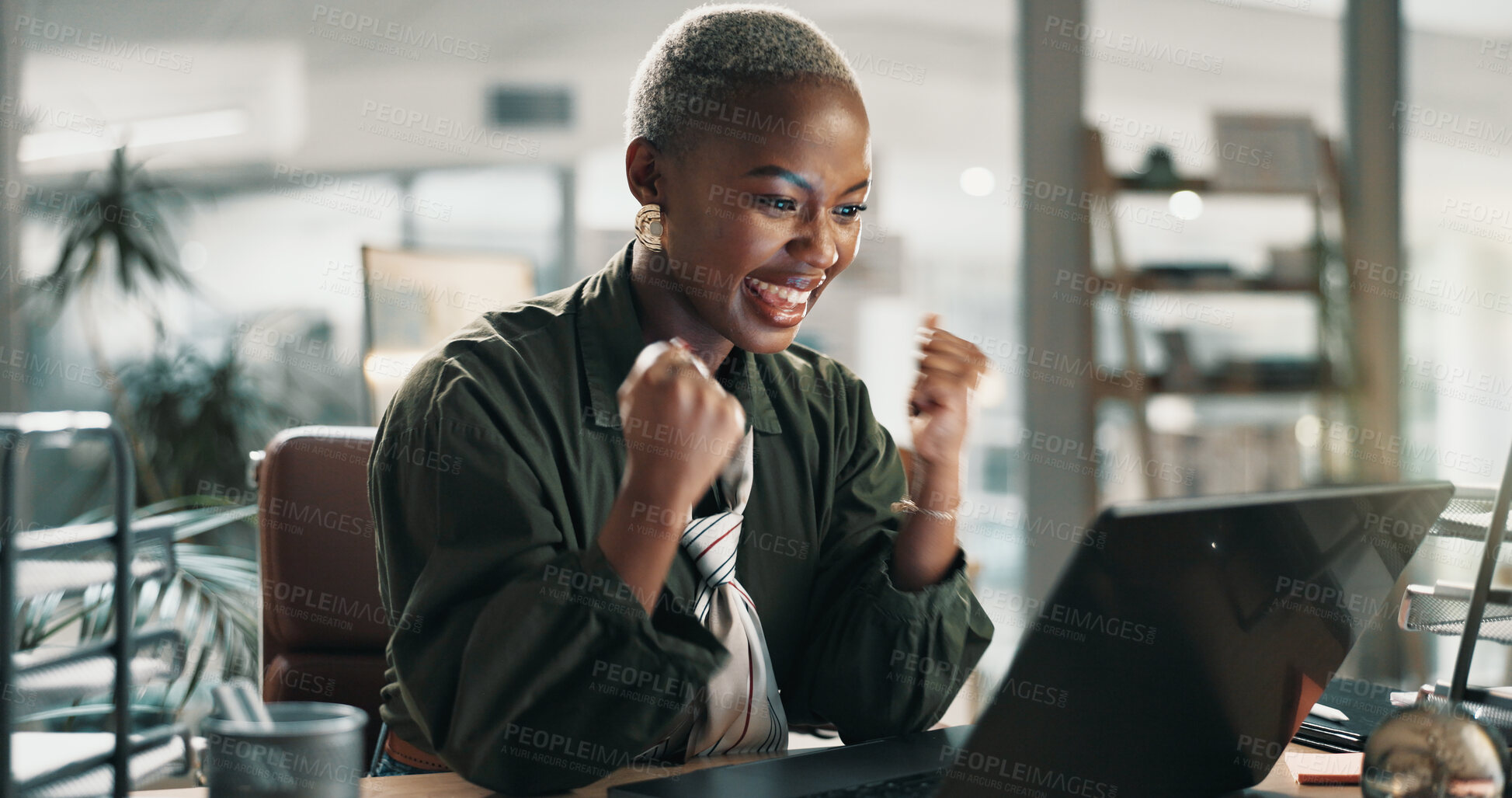 Buy stock photo Creative agency, fist pump or black woman in office, laptop for online article or excited for submission. Copywriting, person and journalist in workplace, achievement or pc for column review or email
