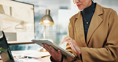 Buy stock photo Hands, tablet and typing with project in office for graphic design, report or feedback at startup company. Person, designer and happy with tech, scroll and editing notes on app at digital agency