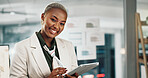Black woman, tablet and smile with portrait in office for graphic design project at startup company. African person, designer and happy with tech, notes or editing on app at digital agency in Kenya