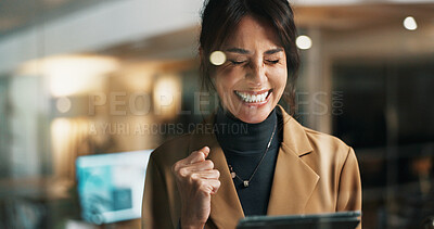 Buy stock photo Happy woman, night and winning with tablet in office for business success or promotion. Excited, female person or working late with smile or fist pump for achievement, bonus or good news in workplace