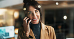 Happy woman, night and business with phone call for conversation or discussion in office. Female person, talking or working late with smile on mobile smartphone for negotiation or chat in workplace