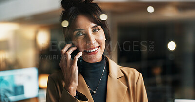 Buy stock photo Happy woman, night and business with phone call for conversation or discussion in office. Female person, talking or working late with smile on mobile smartphone for negotiation or chat in workplace