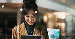 Woman, tablet and smile at window in office for review, night and feedback at startup company. Person, happy and editor with solution by glass with tech, proposal and application at media agency
