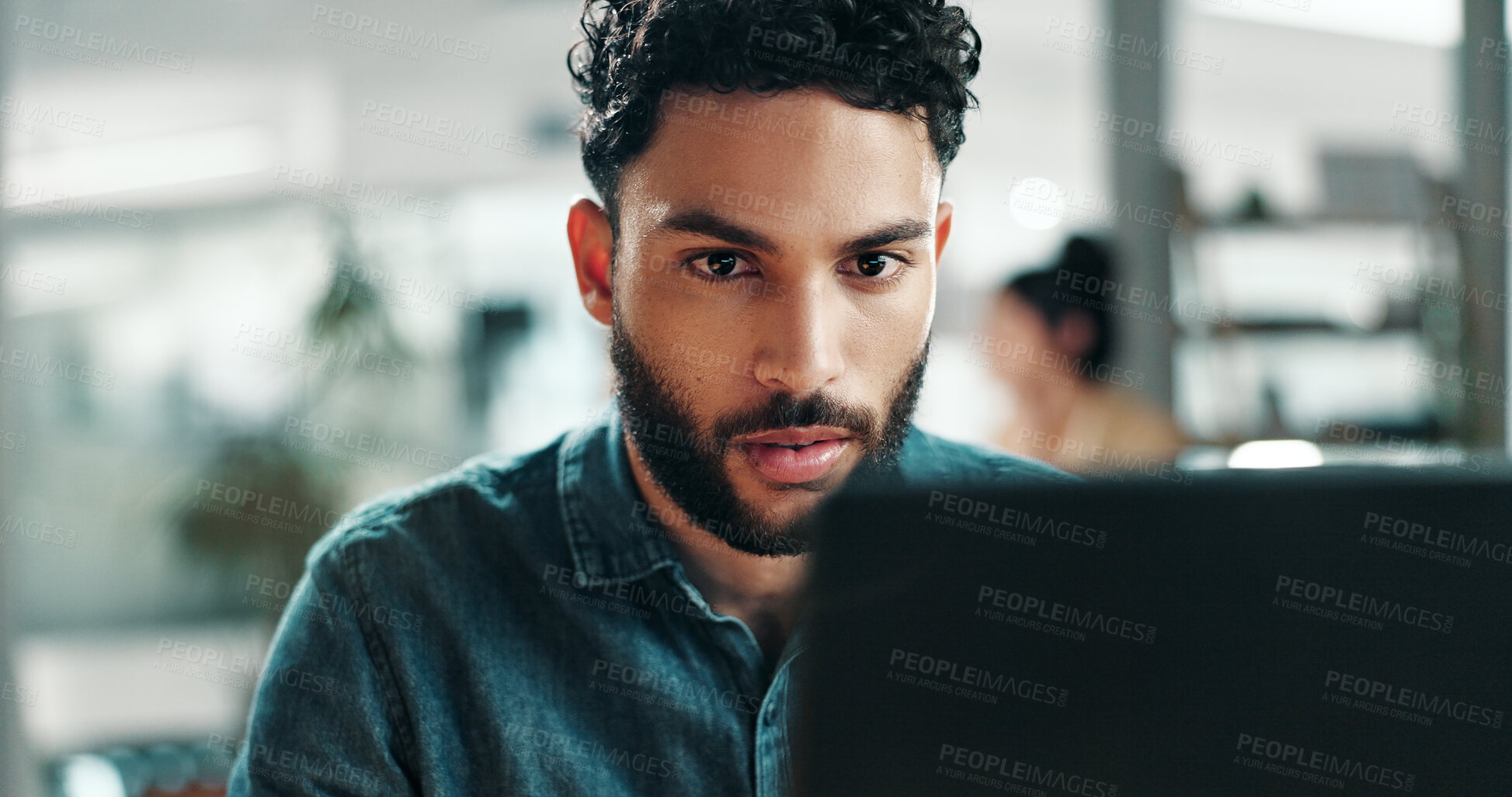 Buy stock photo Laptop, reading or business man in workplace for newsletter, story or copywriting research with ads. Computer, person and copywriter in office to review blog, creative campaign and email marketing