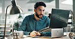 Reading, writing or man with laptop in office, feedback notes or app development guidelines for program. Review, pc or developer with planning for ai system integration, feature request email or idea