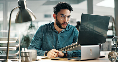 Buy stock photo Reading, laptop or man writing in office, feedback notes or app development guidelines for program. Review, pc or developer with idea for ai system integration, feature request email or planning