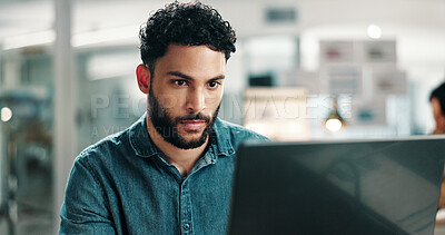 Buy stock photo Reading, serious or man with laptop in office, feedback notes or app development guidelines for program. Review, pc or developer with plan for ai system integration, feature request email or update
