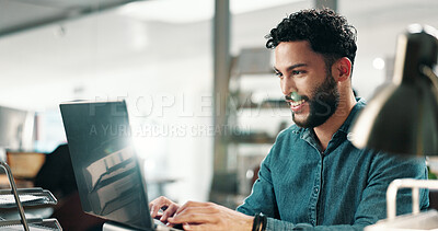 Buy stock photo Creative agency, laptop and man with smile, online reading or deadline for article. Person, happiness or journalist in office, pc or research for news report, copywriting or subscription for magazine