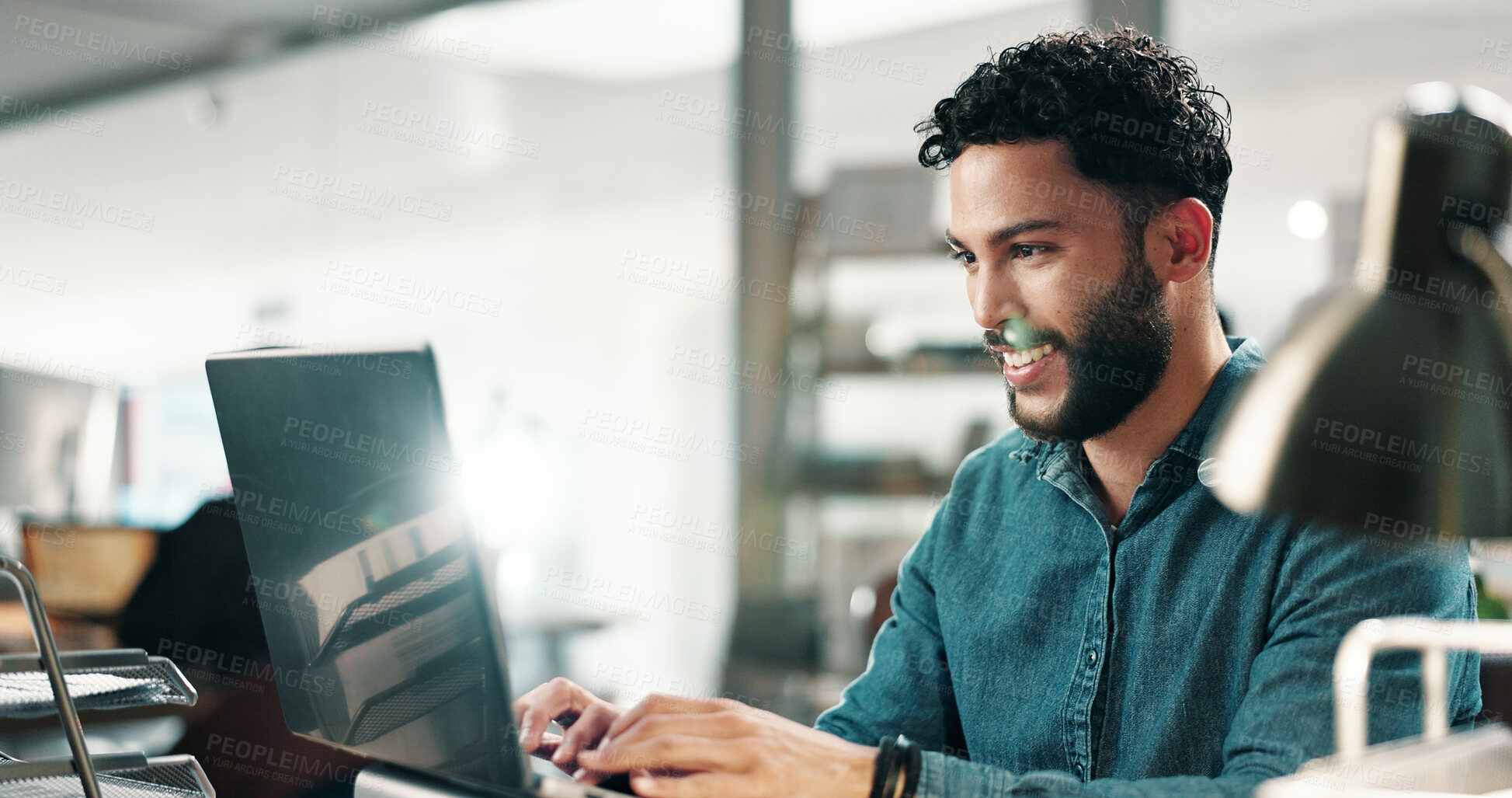 Buy stock photo Creative agency, laptop and man with smile, online reading or deadline for article. Person, happiness or journalist in office, pc or research for news report, copywriting or subscription for magazine