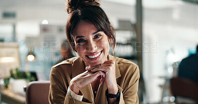 Buy stock photo Marketing, portrait or mature woman in office with smile, pride or job goals in advertisement agency. Happy, career or branding director with confidence, work or experience as media planner.