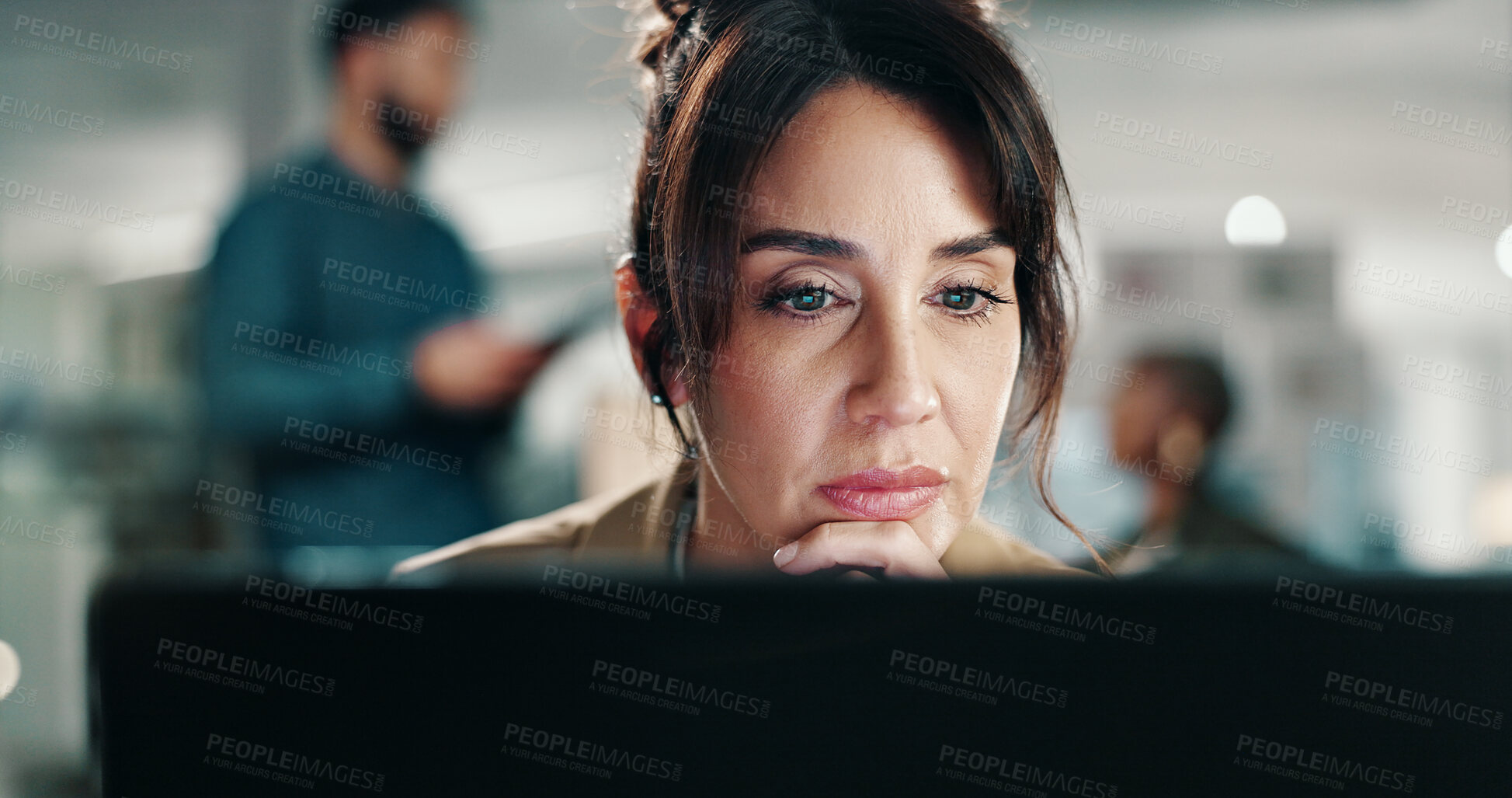 Buy stock photo Thinking, review or woman in agency with laptop, research or feedback on marketing pitch. Plan, business or mature creative director with tech, campaign proposal or report insight for brand awareness