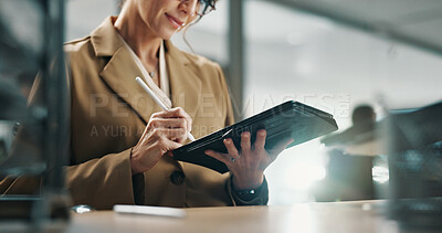 Buy stock photo Hands, journalism and tablet with business woman in office for online magazine or proofreading article. App, digital editing and virtual publication with journalist at work for feedback or review