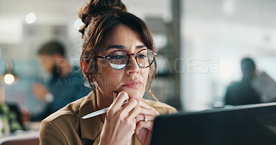 Buy stock photo Laptop, thinking and business woman at work for compliance review, project or problem solving. Computer, mature person or advisor in office for insight, reading email or policy planning with idea