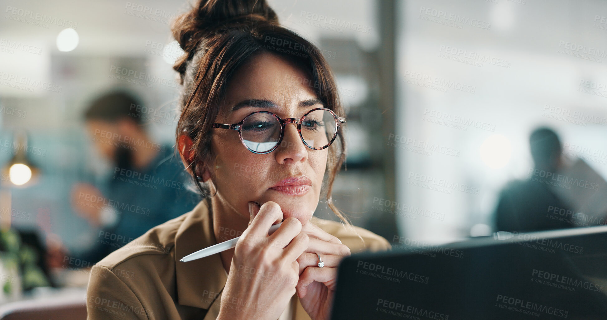 Buy stock photo Laptop, thinking and business woman at work for compliance review, project or problem solving. Computer, mature person or advisor in office for insight, reading email or policy planning with idea