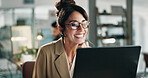 Journalism, laptop and smile with business woman in office for article proofreading or editing. Computer, glasses and publication with mature journalist in workplace for online feedback or review