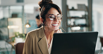 Buy stock photo Journalism, laptop and smile with business woman in office for article proofreading or editing. Computer, glasses and publication with mature journalist in workplace for online feedback or review