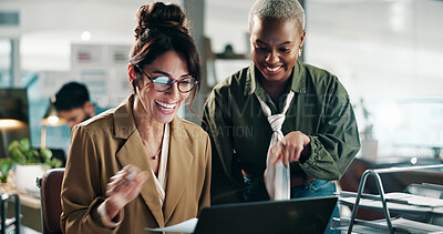 Buy stock photo Women, laptop and smile in office with celebration, networking and excited for deal. Happy people, entrepreneur bonus and approval with tech for project, planning or success at publishing startup