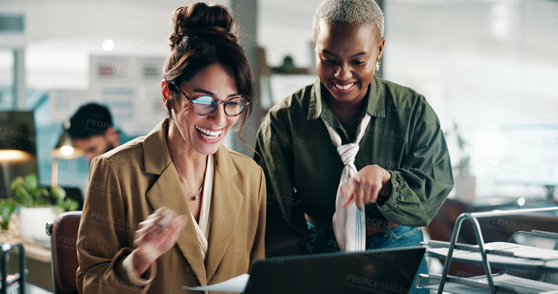 Buy stock photo Women, laptop and smile in office with celebration, networking and excited for deal. Happy people, entrepreneur bonus and approval with tech for project, planning or success at publishing startup