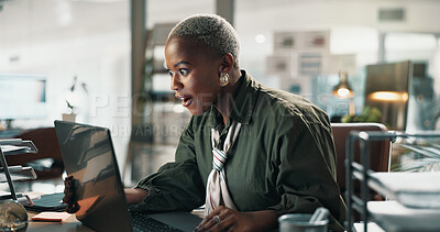 Buy stock photo Surprise, laptop and black woman in office, creative project and email for magazine subscription. African person, employee and journalist in workplace, facial expression and shocked for online review