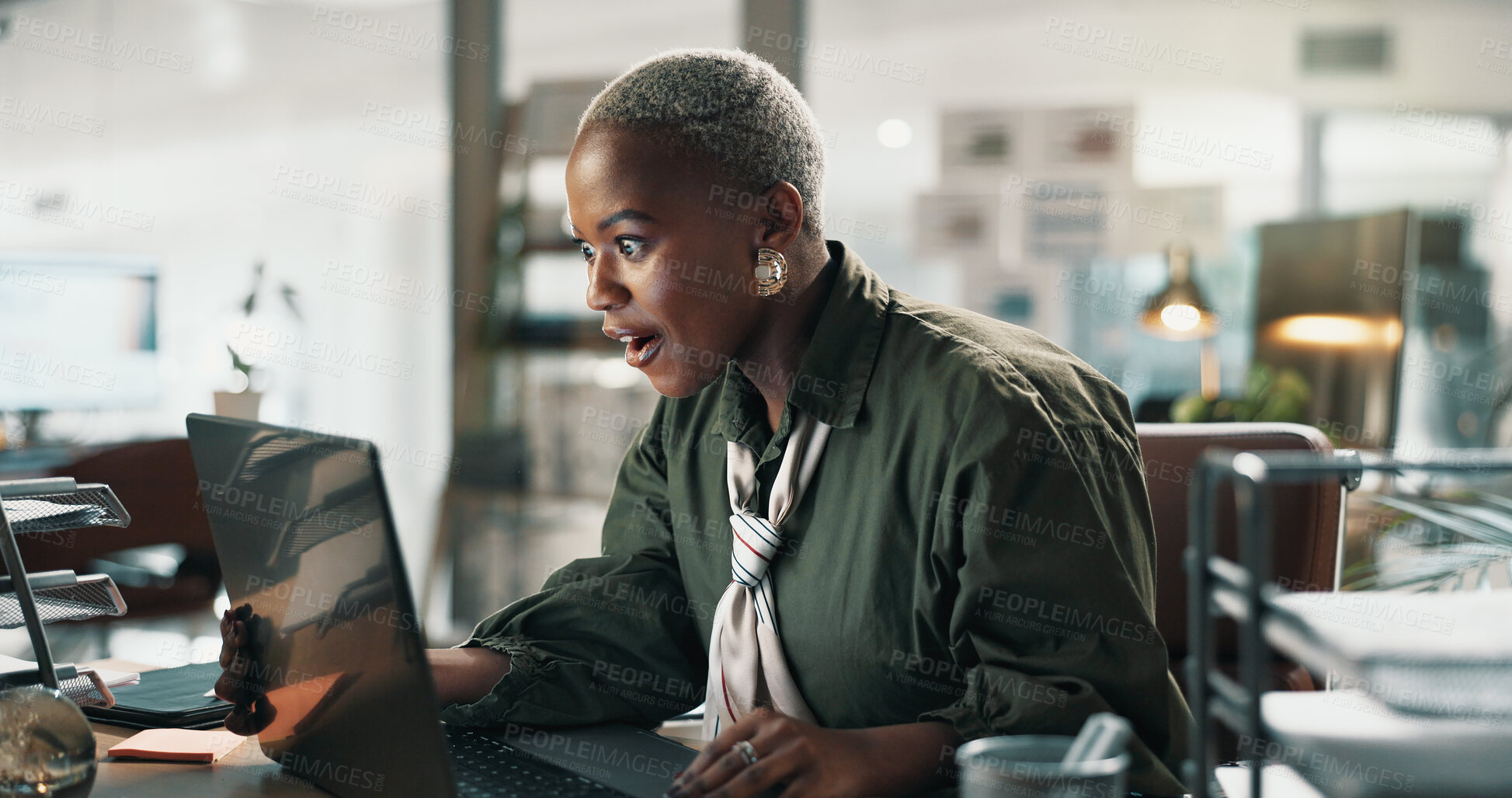 Buy stock photo Surprise, laptop and black woman in office, creative project and email for magazine subscription. African person, employee and journalist in workplace, facial expression and shocked for online review