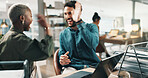 People, laptop and high five in office with celebration, networking and excited for deal. Team, entrepreneur bonus and approval with tech for project, planning or success at publishing startup