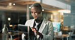 Night, reading or woman with tablet in agency, publishing deadline or review story for digital media site. Glass, tech or African journalist with grammar check app, news article editing or overtime