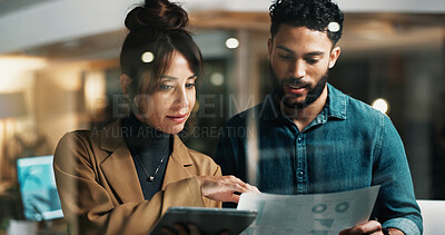 Buy stock photo Business, people and tablet with document at night for research, data analysis and finance report. Team, digital and paperwork with statistics, financial comparison and working late for profit growth