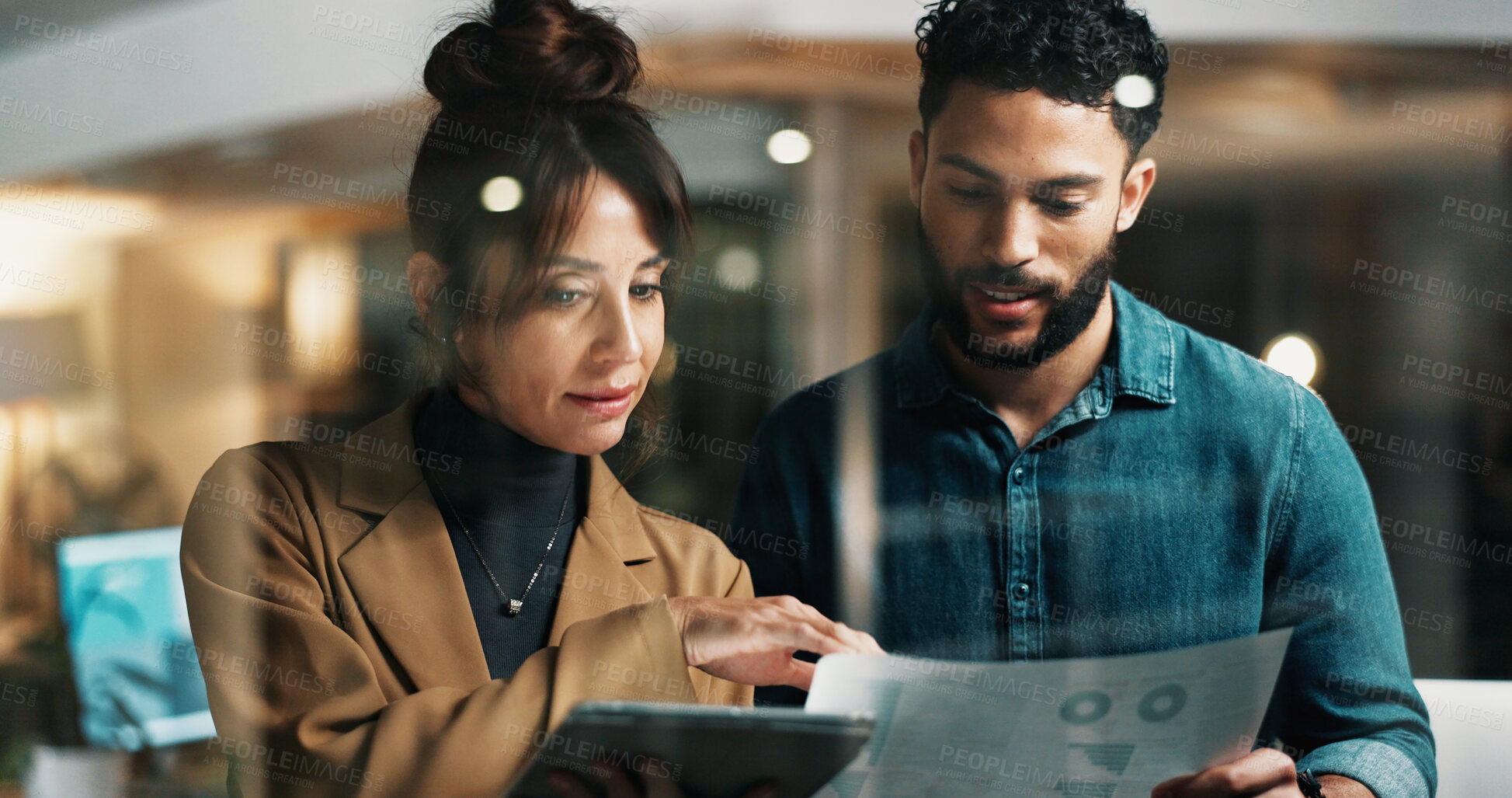 Buy stock photo Business, people and tablet with document at night for research, data analysis and finance report. Team, digital and paperwork with statistics, financial comparison and working late for profit growth