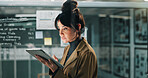 Business, woman and reading with tablet at night for research, data analysis and finance report. Mature person, review and digital for audit, financial statistics and deadline for investment proposal