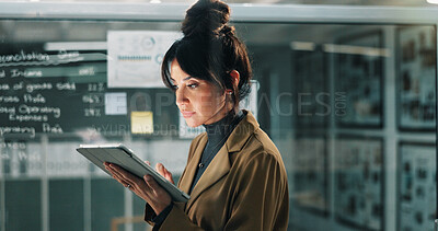 Buy stock photo Business, woman and reading with tablet at night for research, data analysis and finance report. Mature person, review and digital for audit, financial statistics and deadline for investment proposal