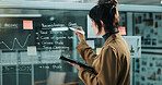 Glass wall, writing and woman with tablet, financial advisor and checklist for company income audit. Expert, mature person and employee in office, planning for accounting and tech for costs of goods