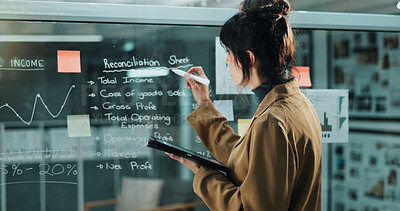 Buy stock photo Glass wall, writing and woman with tablet, financial advisor and checklist for company income audit. Expert, person and employee in office, planning for accounting or tech for costs of goods or price
