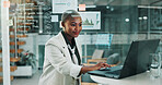 Smile, business and black woman with laptop at night for research, data analysis and finance report. Employee, reading and pc with financial statistics, investment and working late for profit growth