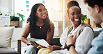 Document, planning or happy people with tablet in meeting, creative idea or discussion for ads project. Listen, brainstorming or media specialist team with laugh for campaign suggestion, tech or joke