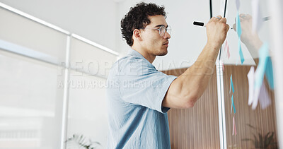 Buy stock photo Businessman, writing and planning with glass board in office for schedule, tasks or agenda. Creative, man or employee taking notes with marker for brainstorming ideas or project reminder in workplace