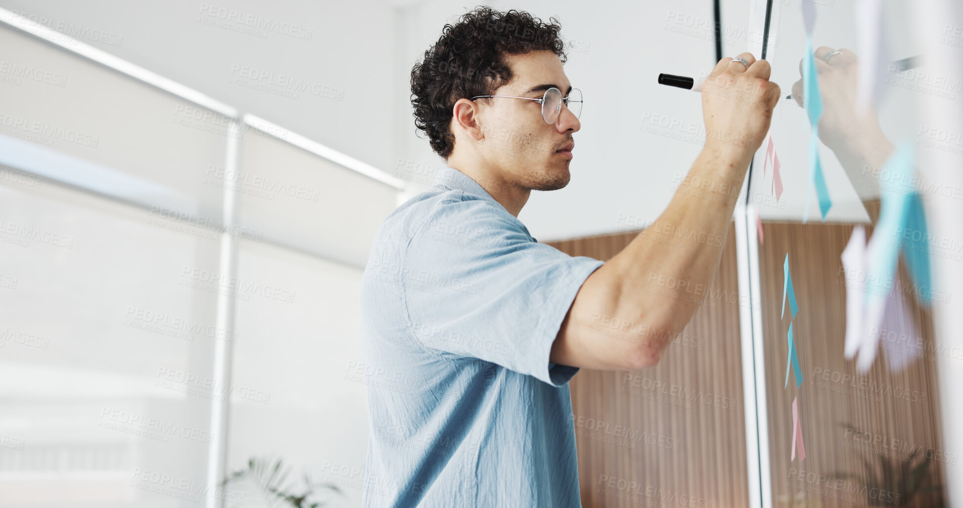 Buy stock photo Businessman, writing and planning with glass board in office for schedule, tasks or agenda. Creative, man or employee taking notes with marker for brainstorming ideas or project reminder in workplace
