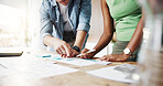 Business people, hands or discussion with documents in office for schedule planning, tasks or ideas. Businessman, woman or employees pointing with paperwork for performance or review in workplace