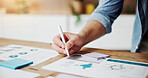 Person, hands and writing with documents in office for performance review or schedule planning. Businessman, employee or sticky note with paperwork for reminder, brainstorming or ideas in workplace