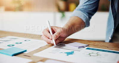 Buy stock photo Person, hands and writing with documents in office for performance review or schedule planning. Businessman, employee or sticky note with paperwork for reminder, brainstorming or ideas in workplace