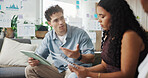 Tablet, discussion or people with paperwork in meeting, marketing feedback or planning for project growth. Speaking, web traffic data or team with review for ads performance, tech or campaign stats
