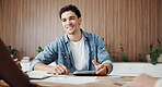 Meeting, tablet and man with client in creative agency, marketing campaign info or feedback for launch. Smile, tech or marketer with brand representative for planning, objectives or budget guidelines