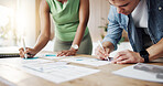 Business people, hands or writing with documents in office for schedule planning, tasks or ideas. Businessman, woman or employees taking notes with paperwork for performance or review in workplace