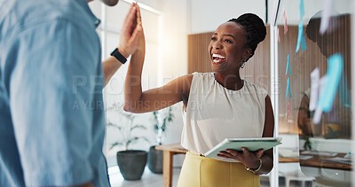 Buy stock photo High five, success and tablet with designer people in office for goals, milestone or target. App, celebration and motivation with excited design team in creative workplace for achievement or support