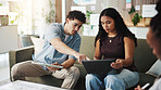 Tablet, discussion or people with laptop in meeting, project feedback or planning for marketing proposal. Pointing, web traffic data or team with review for ads performance, tech or campaign stats