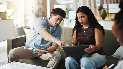 Buy stock photo Tablet, discussion or people with laptop in meeting, project feedback or planning for marketing proposal. Pointing, web traffic data or team with review for ads performance, tech or campaign stats